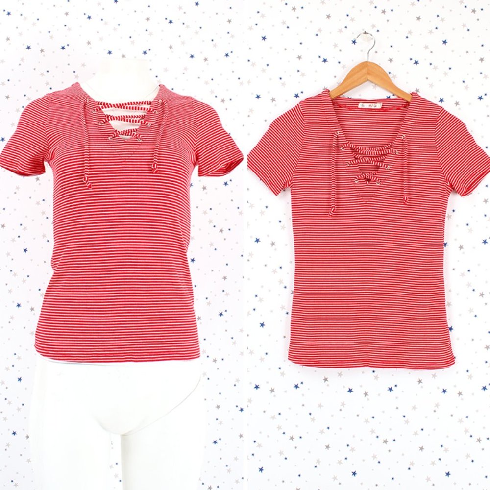 Striped Lace Up Ribbed Knit Top Red Off White
